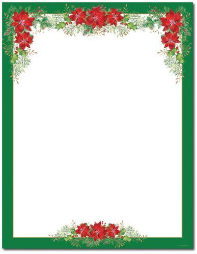 A green Christmas border with red flowers and greenery on a white background.