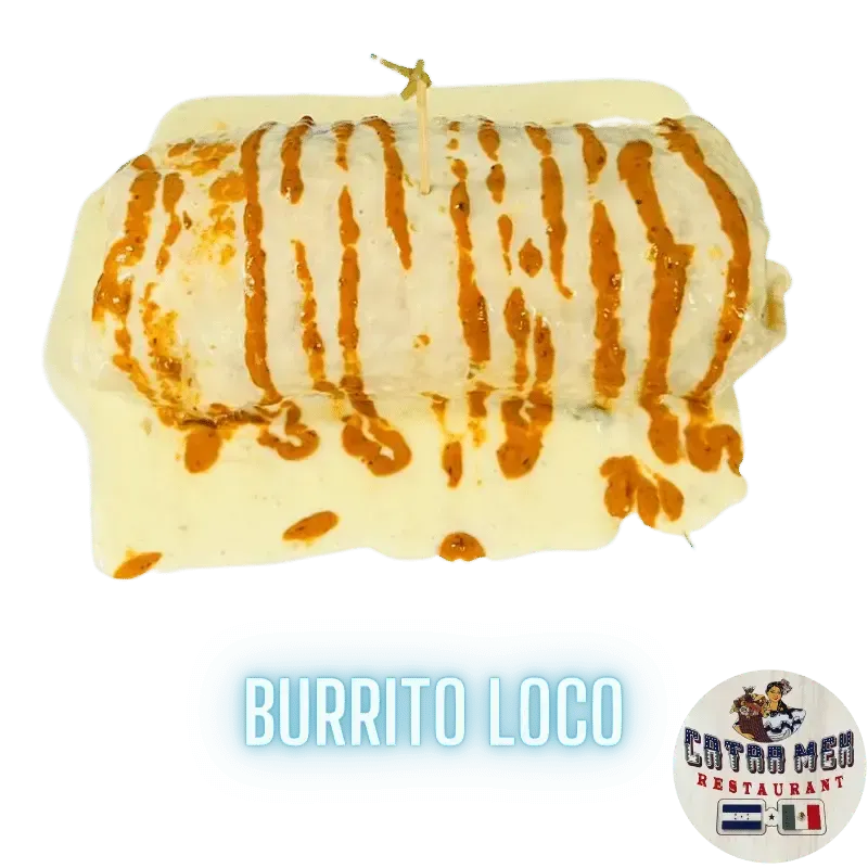 Cheese-covered burrito with orange sauce drizzles and “BURRITO LOCO” text below