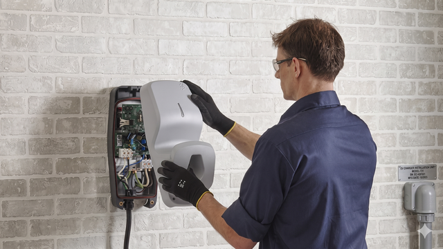 Person wiring an electrical panel in a white room next to a window and shelves.