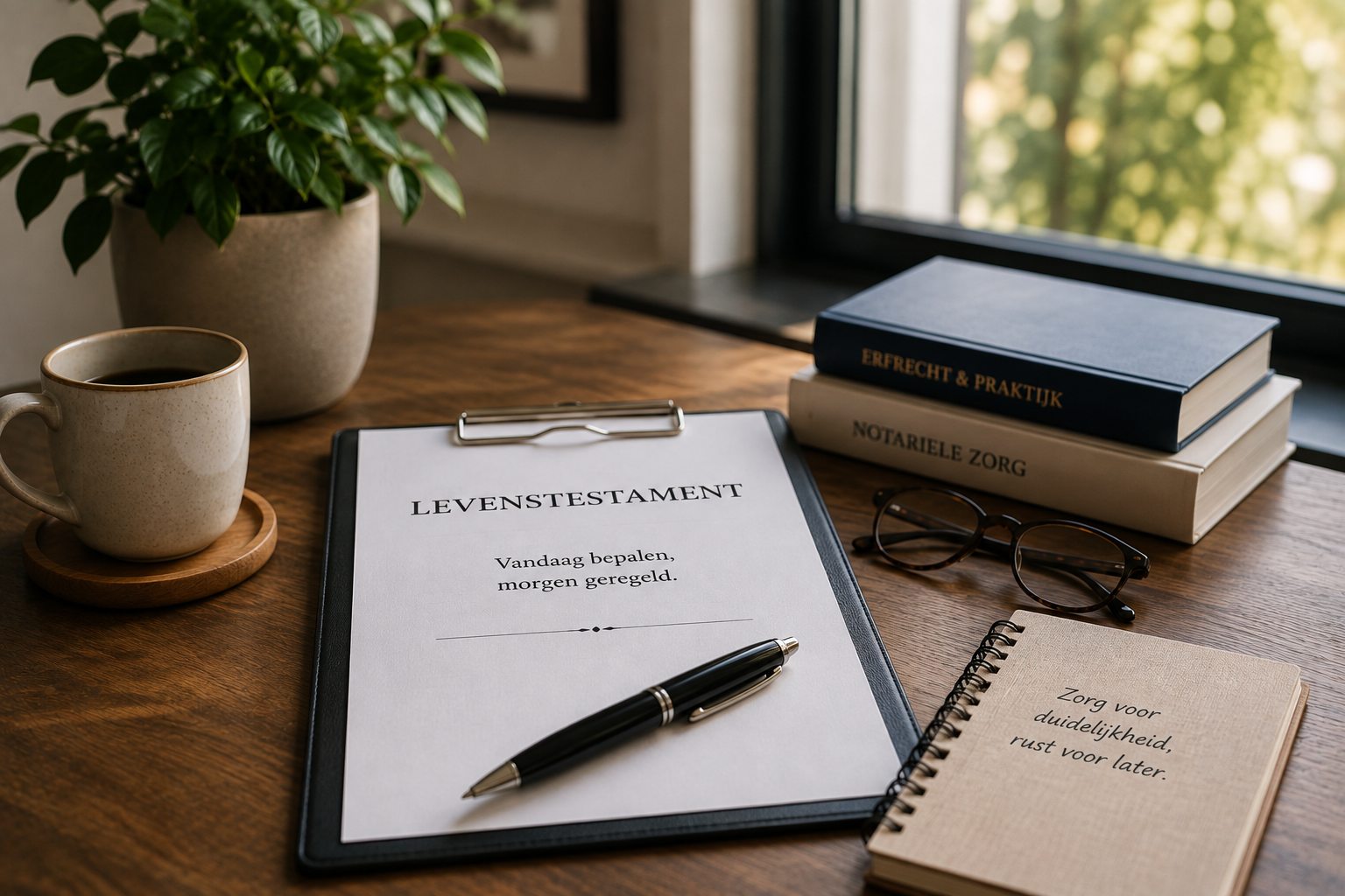 Een levenstestament: waarom wachten tot het te laat is? testament op een bureau met pen