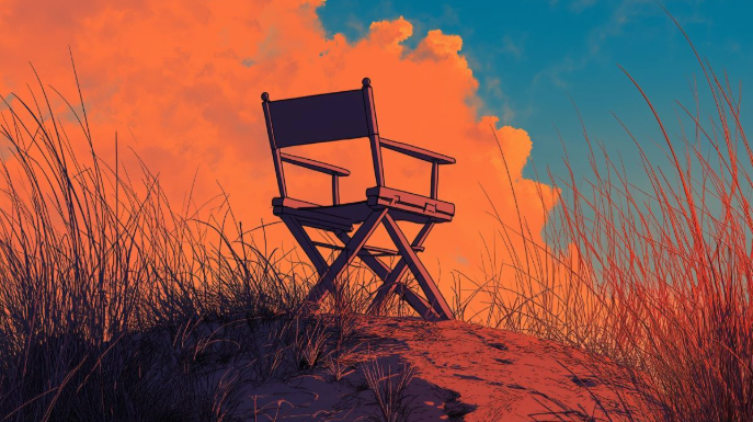 Een regisseursstoel staat op een met gras begroeide zandduin tegen een levendige oranje en blauwe zonsondergang.