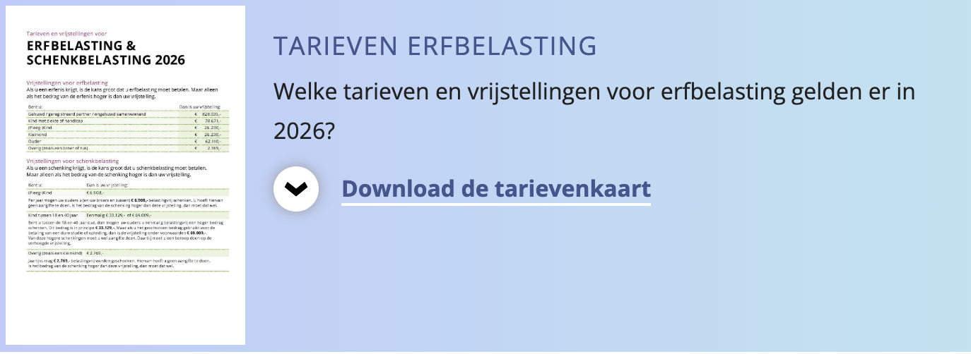 Informatiebanner over de erfbelastingtarieven en -vrijstellingen van 2022, met een link om een ​​overzichtskaart te downloaden.