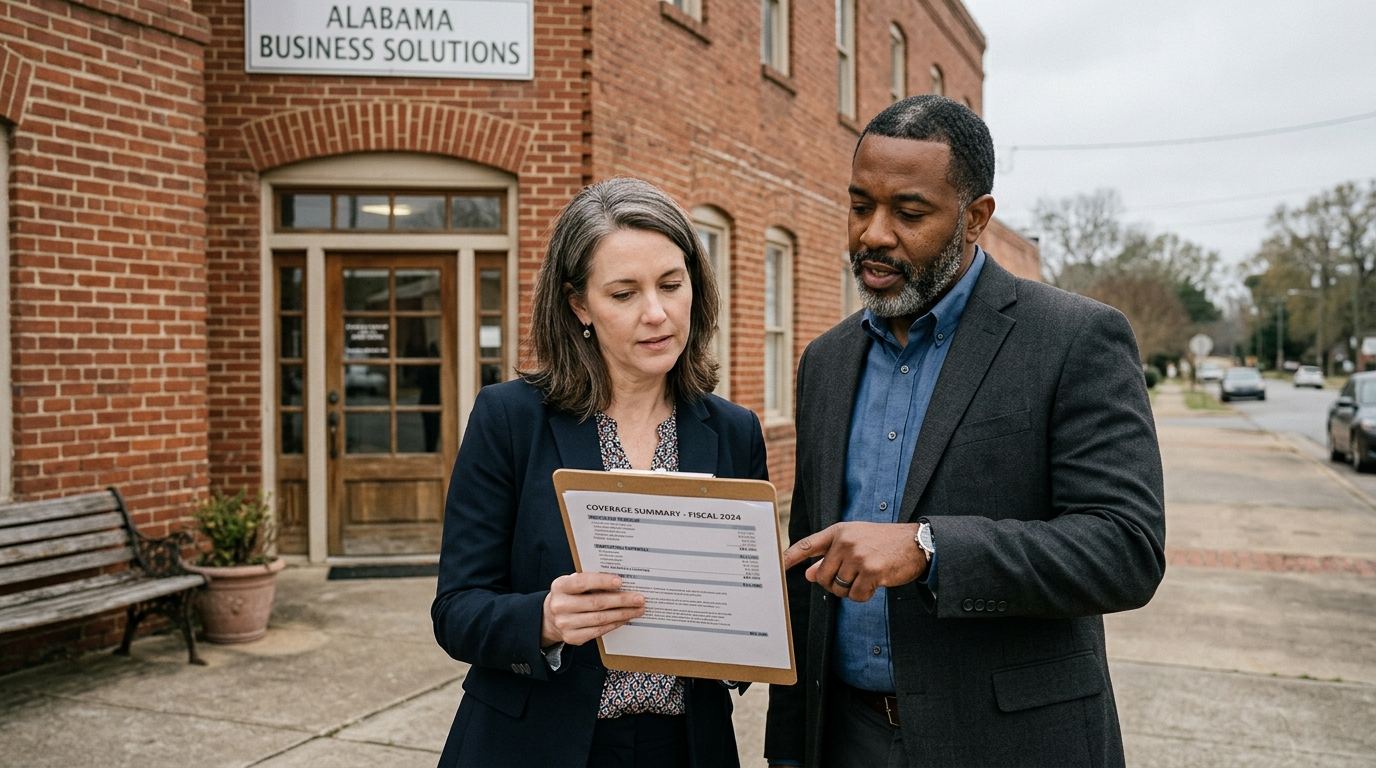 Alabama small business owner reviewing insurance documents at a desk inside a brick storefront