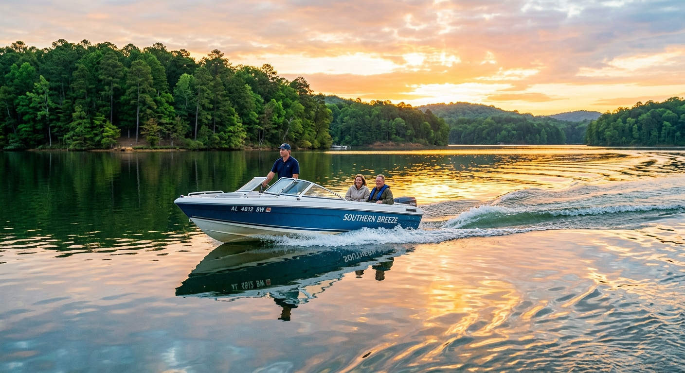 A fishing boat cruising across a calm Alabama lake on a sunny summer morning with tree-lined shores in the background