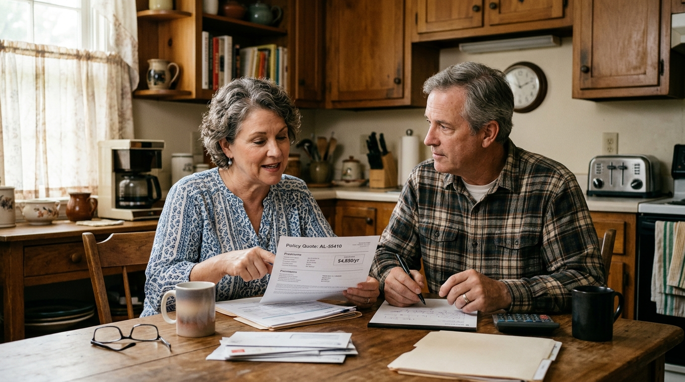 Alabama family reviewing home and auto insurance documents at a kitchen table with an agent