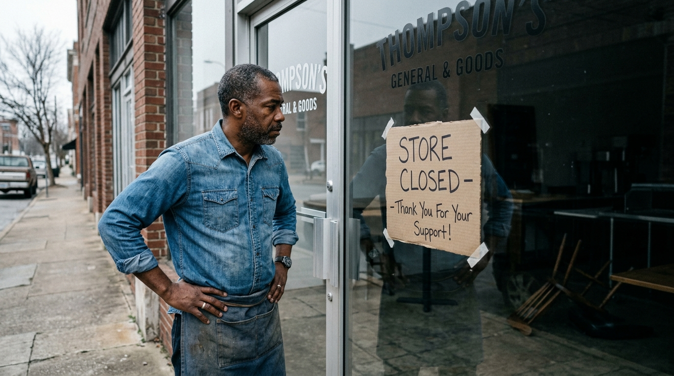 Small Alabama retail storefront boarded up after storm damage with insurance documents visible on a desk inside