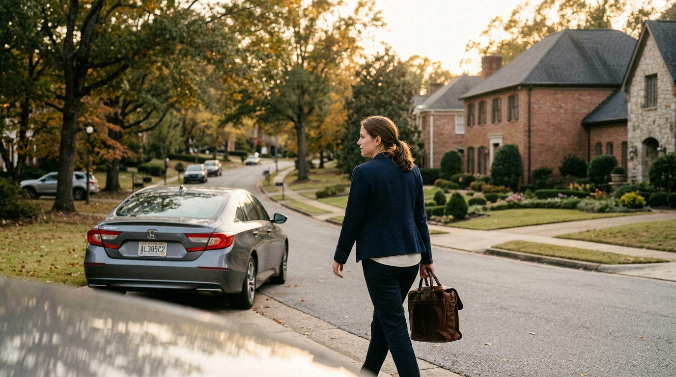 Suburban road in Vestavia Hills Alabama with residential homes and tree-lined streets on a clear afternoon