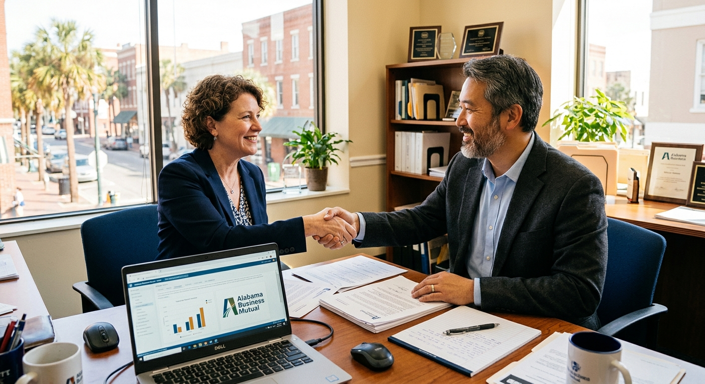 Alabama business owner reviewing commercial insurance documents with an independent agent at a desk in a professional office