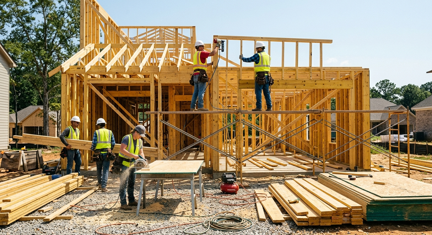 Construction worker in hard hat reviewing blueprints on an active Alabama job site with framing visible in background
