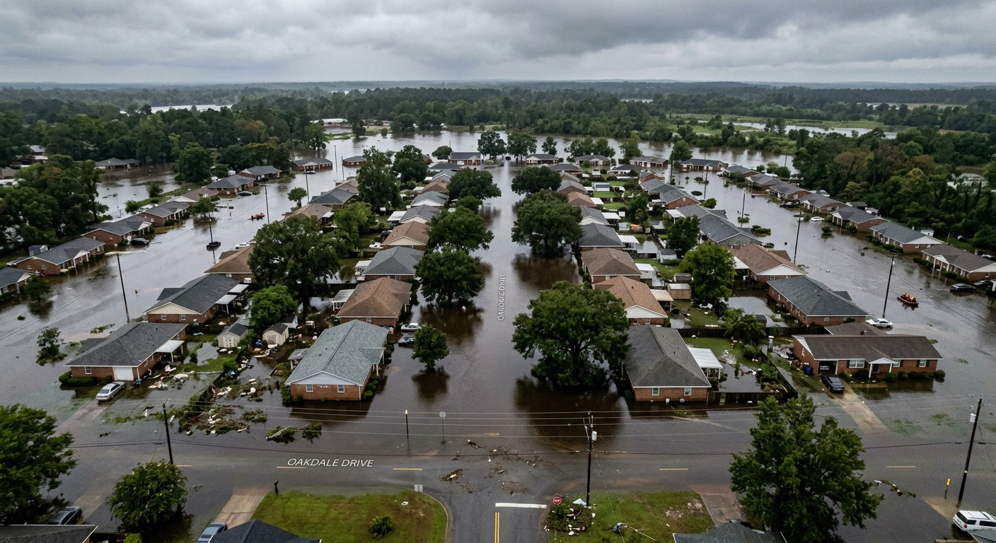 Flooded residential street in Alabama with brown water surrounding homes and trees after heavy rainfall