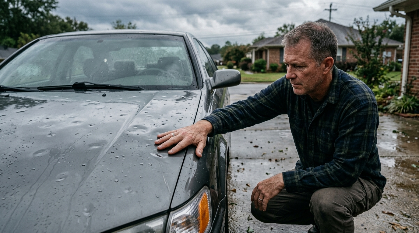 Golf-ball-sized hailstones covering a car hood in a residential Alabama driveway after a severe thunderstorm