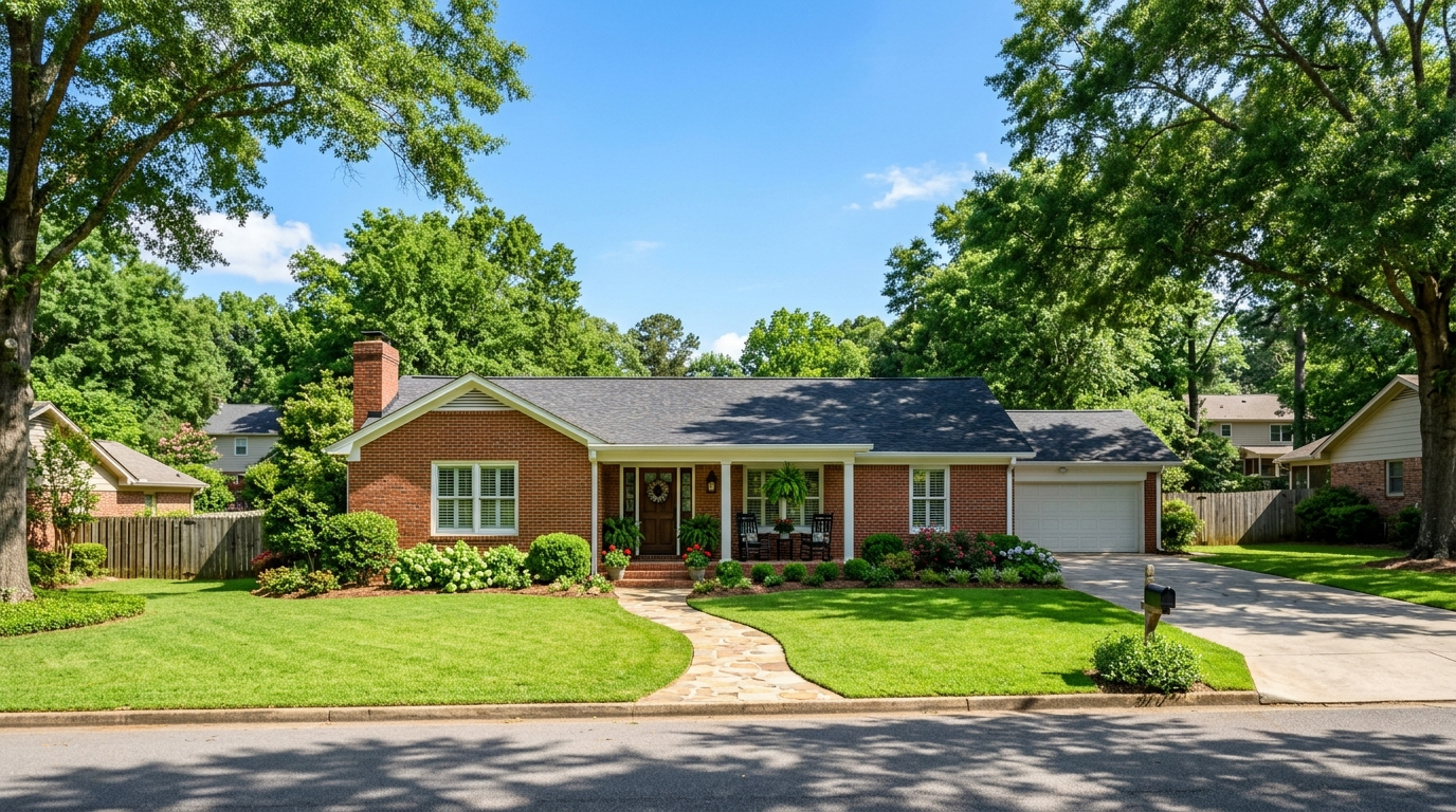 Brick Alabama home with mature trees and a blue sky with dark storm clouds building on the horizon