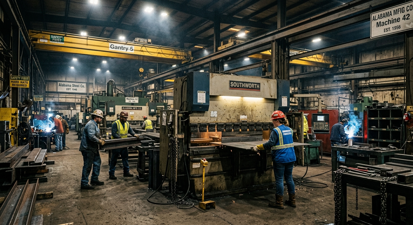Interior of an Alabama manufacturing facility with large industrial machinery and safety equipment on the production floor