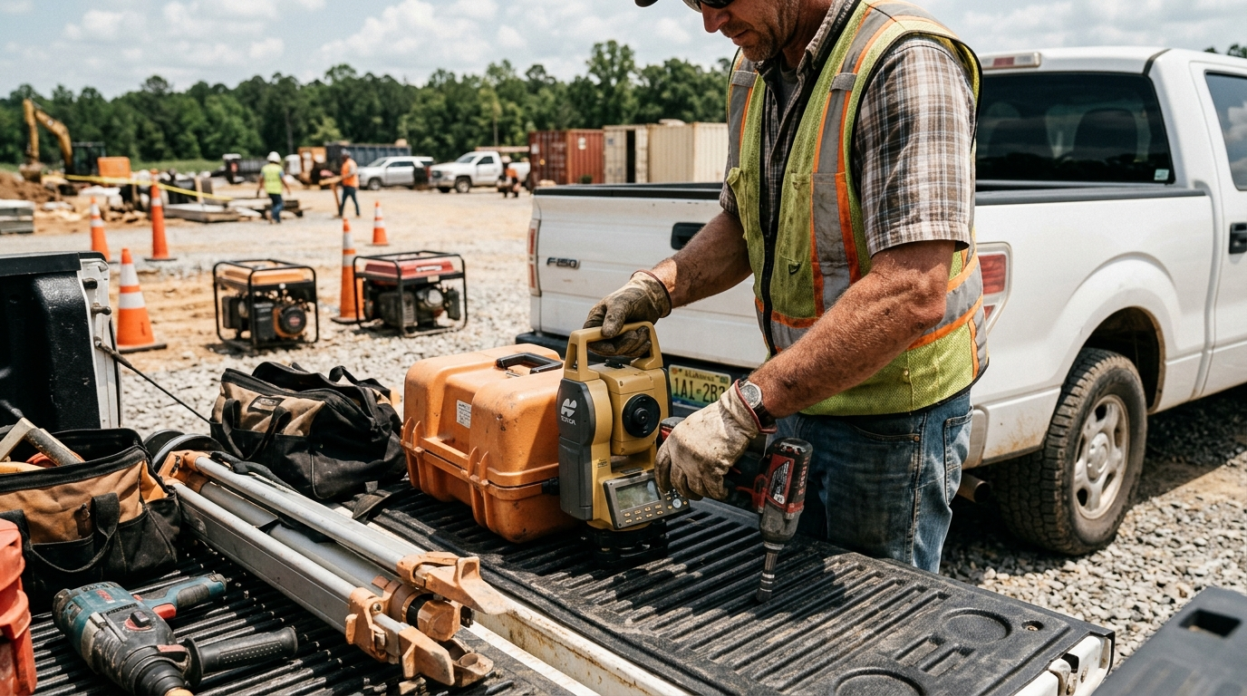 Construction worker inspecting equipment on an Alabama job site with tools and machinery staged nearby