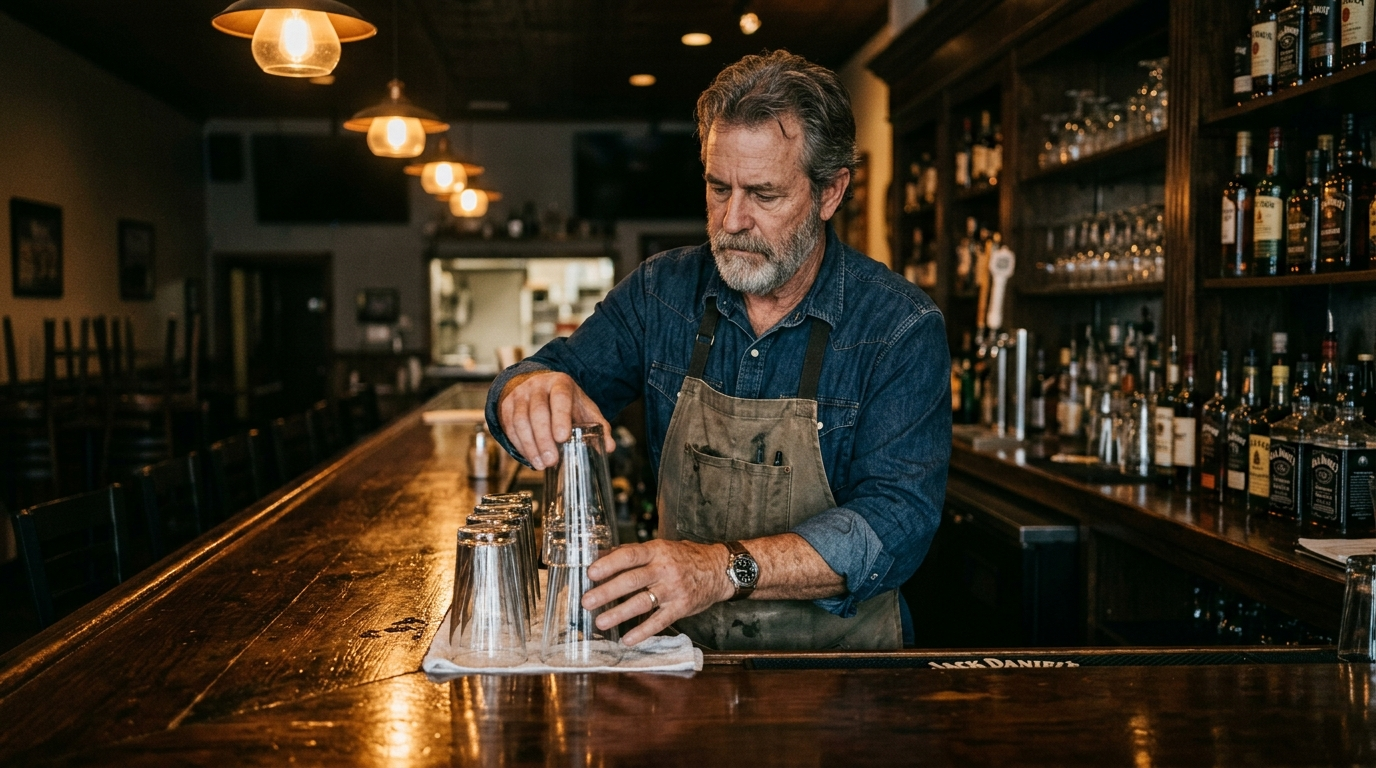 Bartender serving drinks behind a wood bar inside an Alabama restaurant or venue at evening service