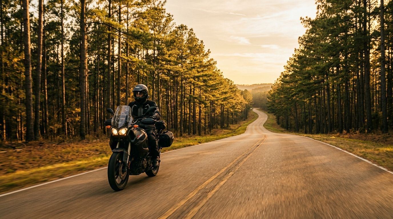 Motorcyclist riding on a scenic two-lane road through Alabama hills on a clear afternoon