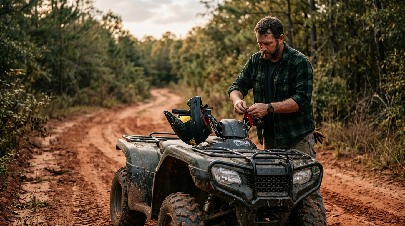 ATV rider on a dirt trail through Alabama pine forest with helmet and gear on a sunny afternoon