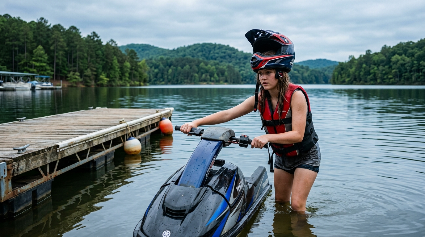 Two jet skis riding across a calm Alabama lake on a sunny summer afternoon with pine-covered shoreline in the background