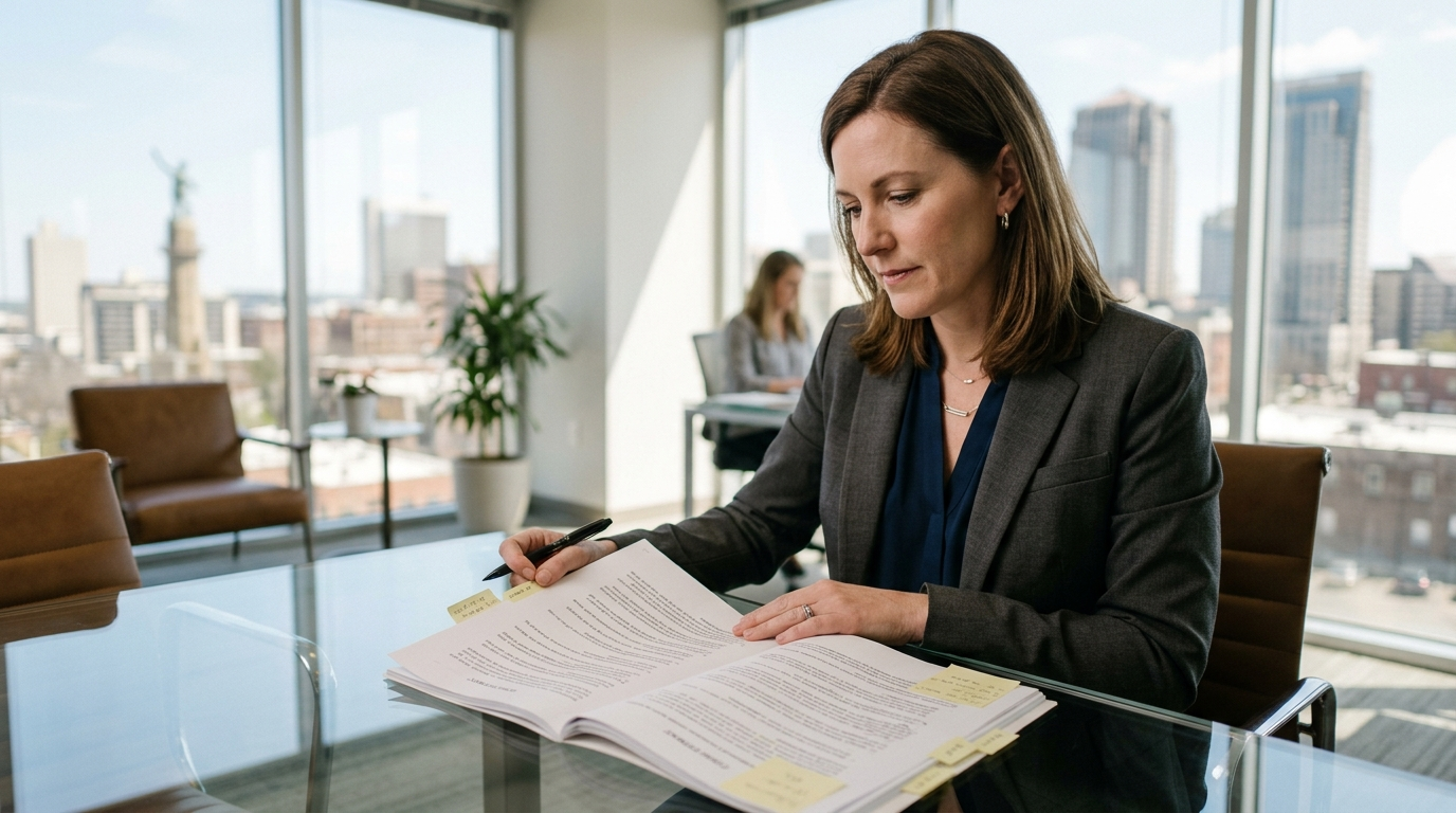 Alabama professional in a modern office reviewing documents with a client at a conference table
