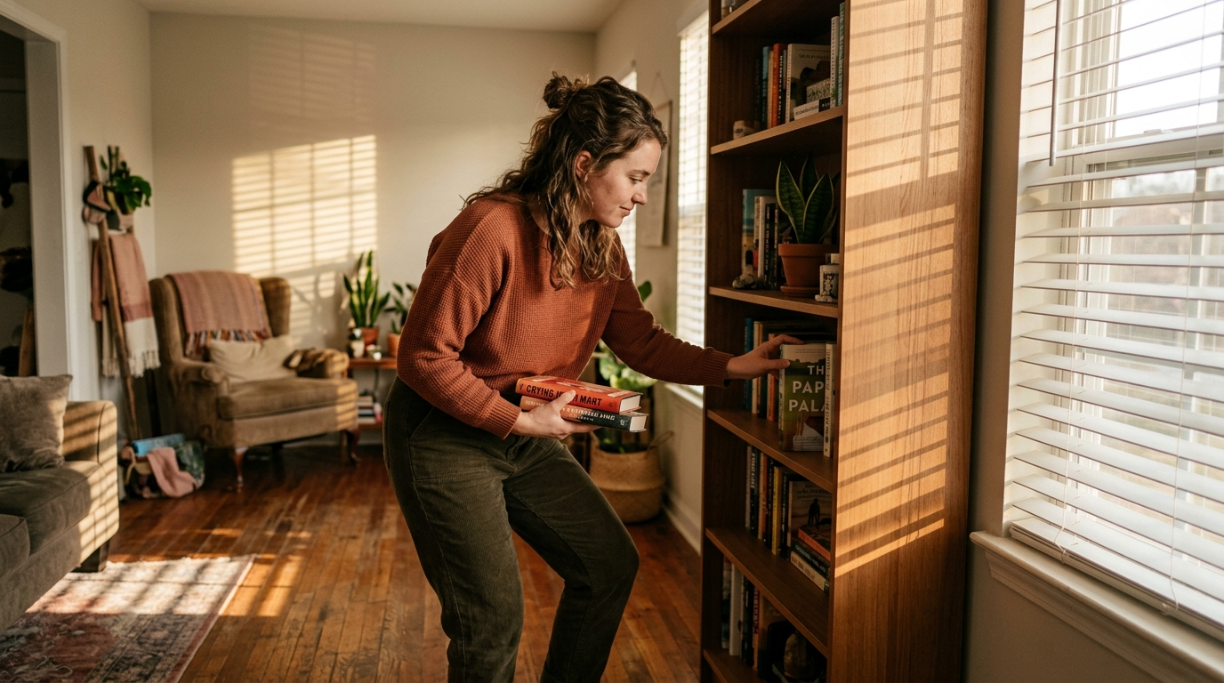 A young woman reviewing documents at a kitchen table inside a bright, modern rental apartment in Alabaster, Alabama