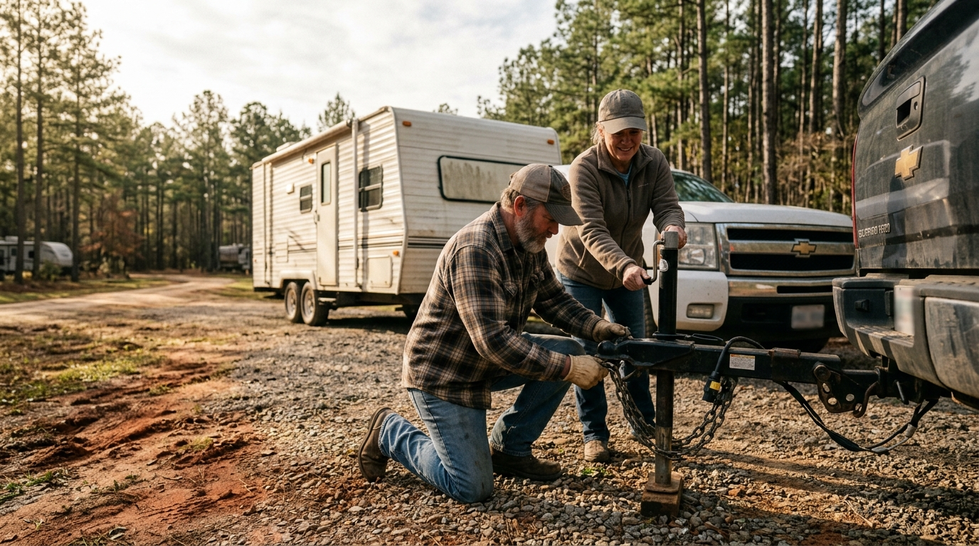 A Class A motorhome parked at a lakeside campsite in Alabama on a sunny afternoon with trees in the background