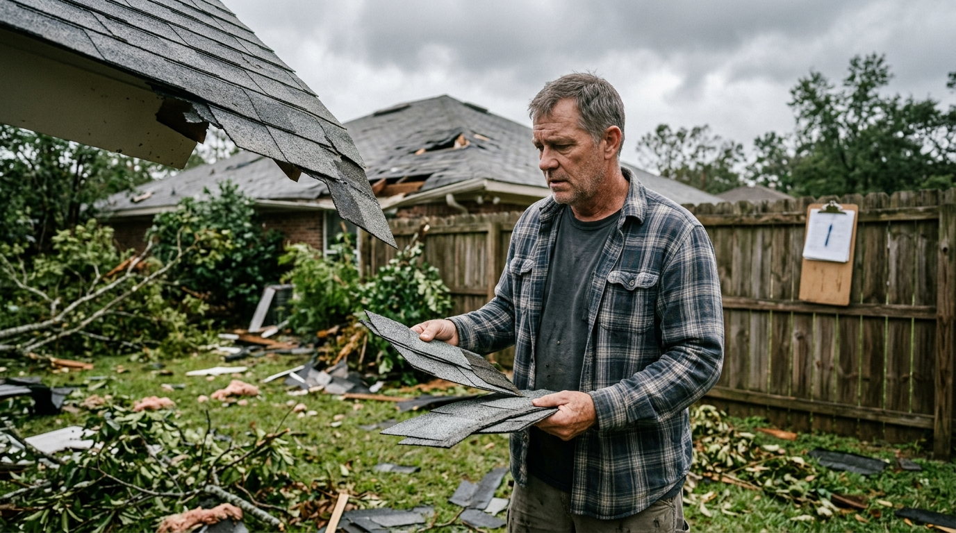 Aerial view of tornado damage to a residential neighborhood in Alabama, with debris scattered across rooftops and yards