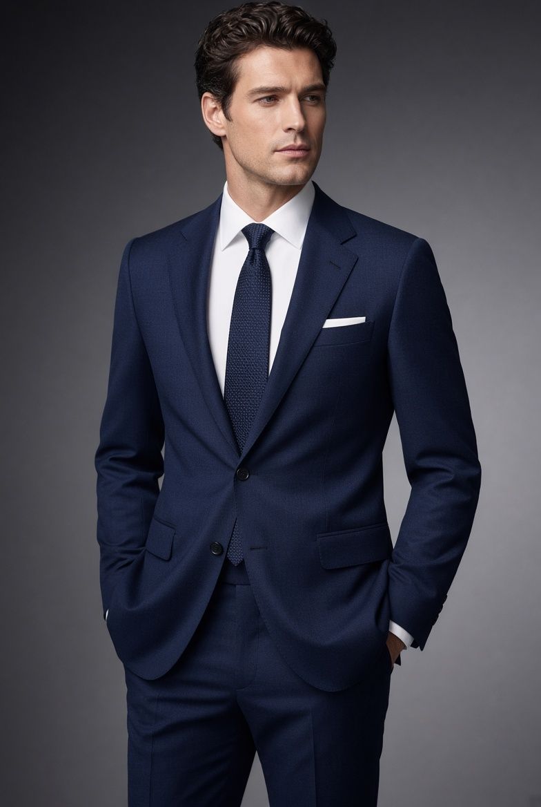 Navy blue suit with coordinating patterned tie, white shirt, and white pocket square