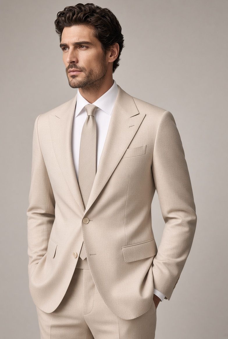 Very light champagne-beige peak-lapel one-button suit with coordinating tie and white shirt