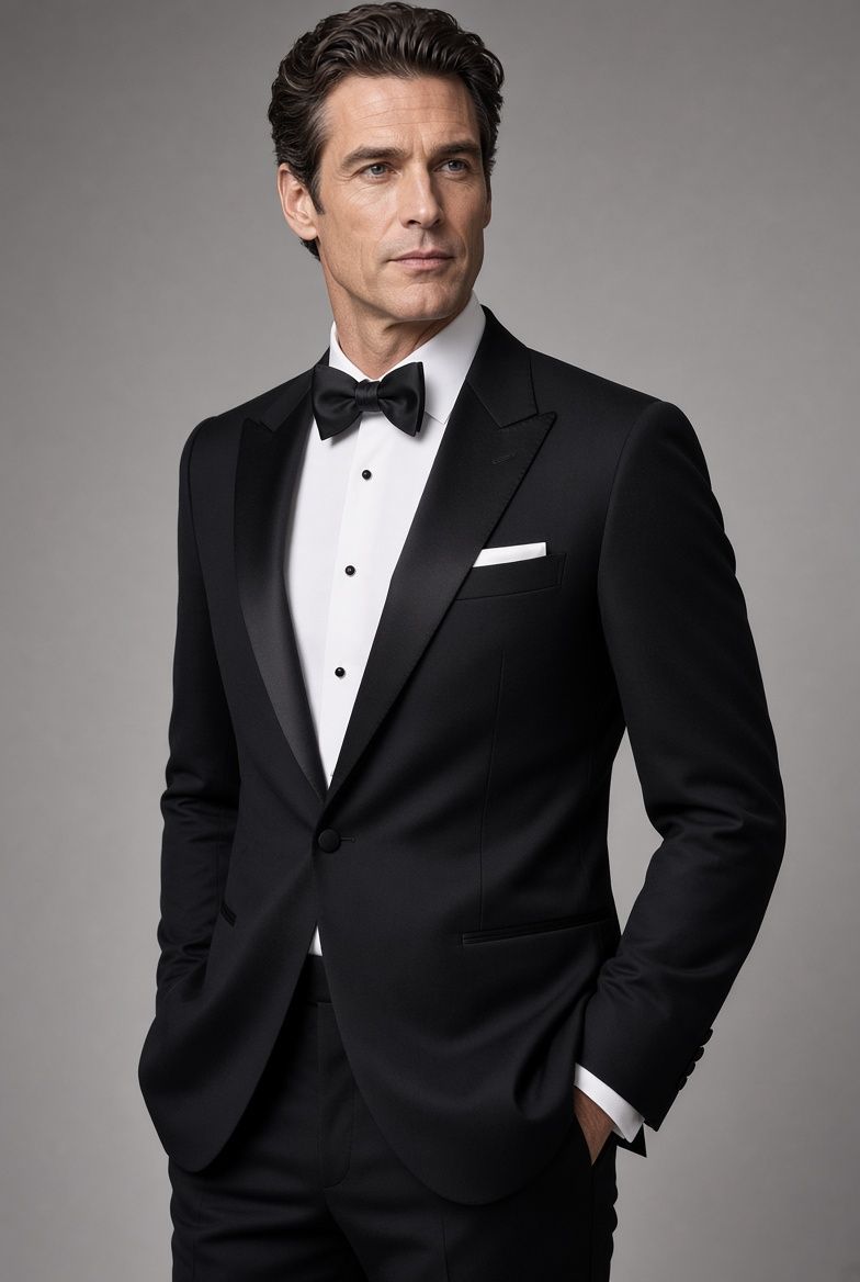 Classic black peak-lapel tuxedo with satin lapels, white shirt, and black bow tie