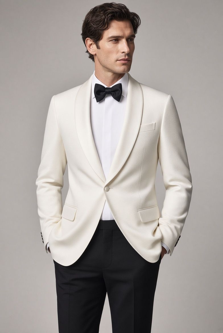 Ivory winter-white dinner jacket with soft shawl collar and matching ivory buttons, black trousers, and black bow tie