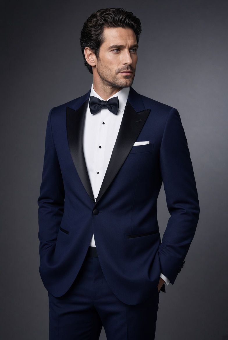 Midnight blue tuxedo with black satin peak lapels, white shirt, and black bow tie