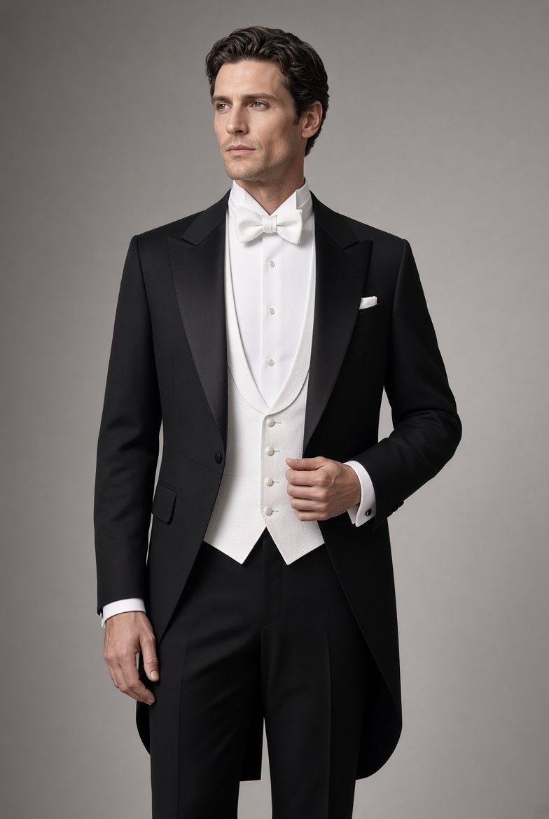 Formal white-tie evening dress with black tailcoat, white waistcoat, and white bow tie