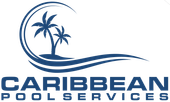 Caribbean Pool Services logo with blue palm trees and wave over company name