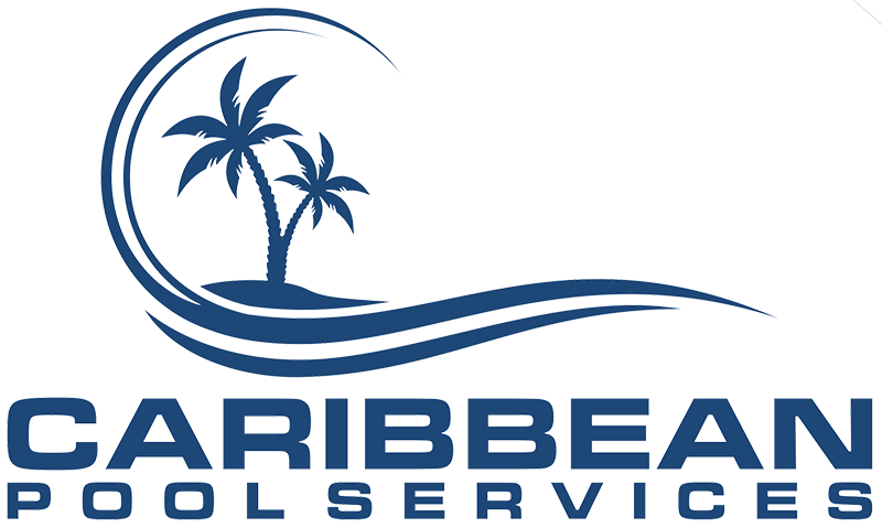 Caribbean Pool Services logo with blue palm trees and wave over company name