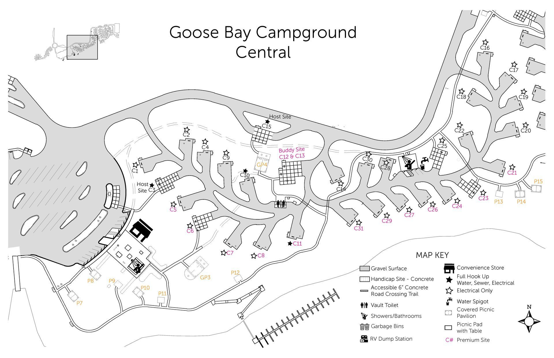 Map of Goose Bay Campground Central with roads, campsites, and legend.