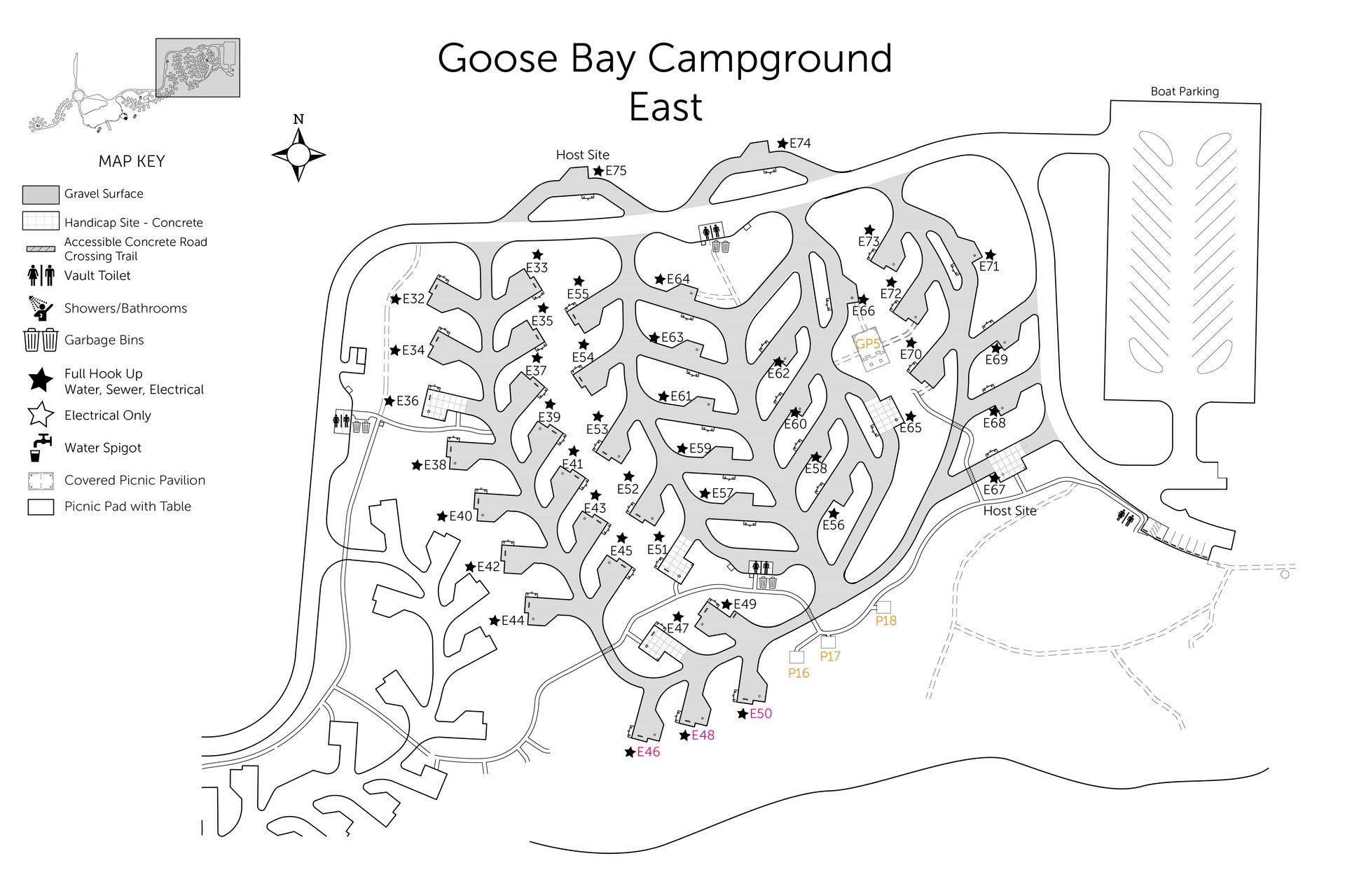 Map of Goose Bay Campground East with numbered campsites and roads.