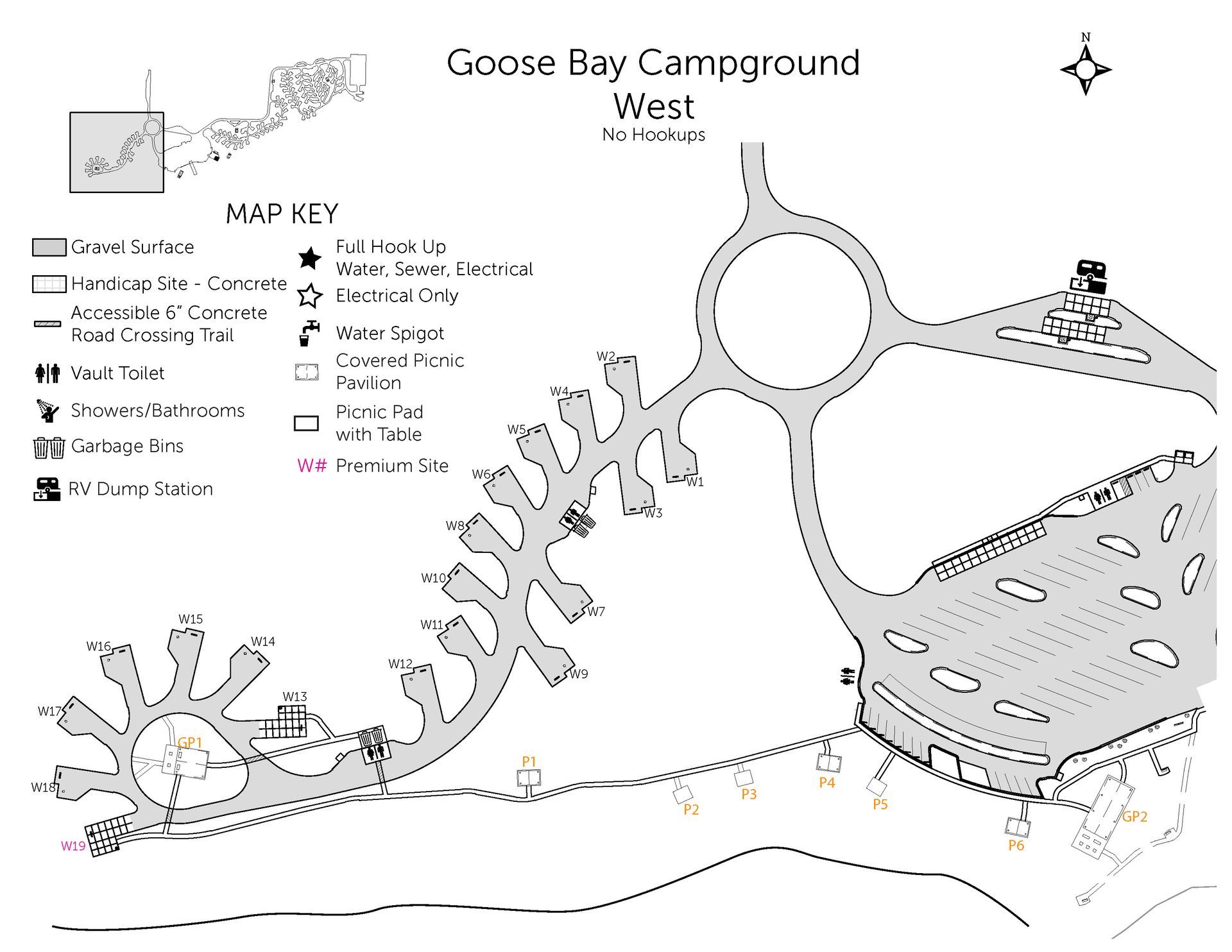 Map of Goose Bay Campground West with roads, a roundabout, campsites, and a campground legend.