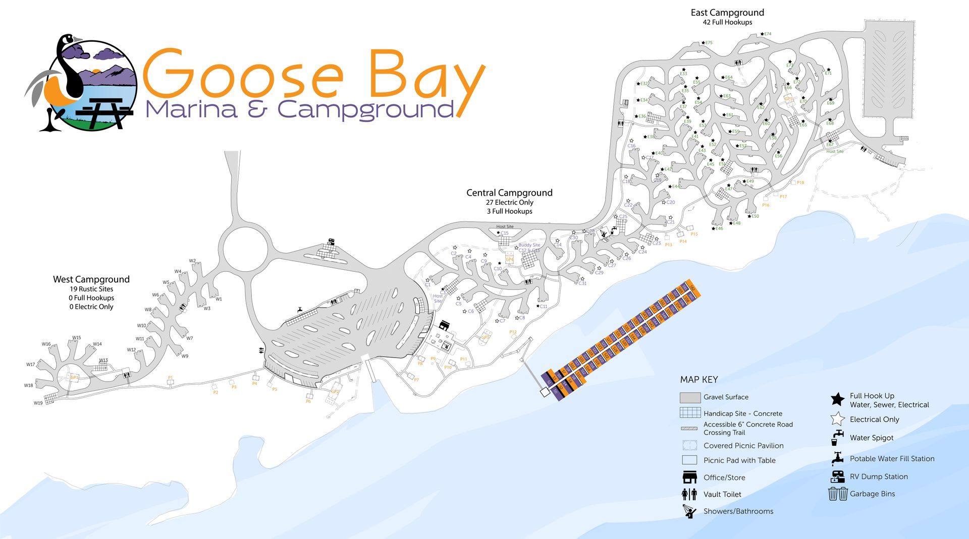 Goose Bay Marina Company map with marina layout, docks, and facilities in blue and white.