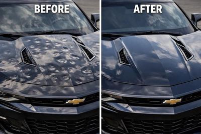 Before-and-after car hood with camouflage wrap removed, showing a dark blue Chevrolet front view. Before-and-after car hood with camouflage wrap removed, showing a dark blue Chevrolet front view.