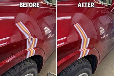 Before-and-after of a red car door with a dent and striped paint damage repaired. Before-and-after of a red car door with a dent and striped paint damage repaired.