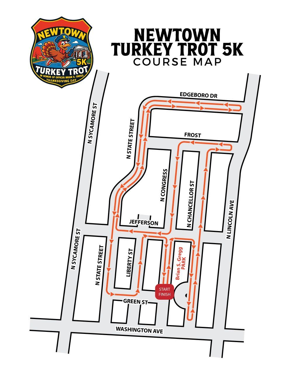 image of the Newtown Turkey Trot 5K course map