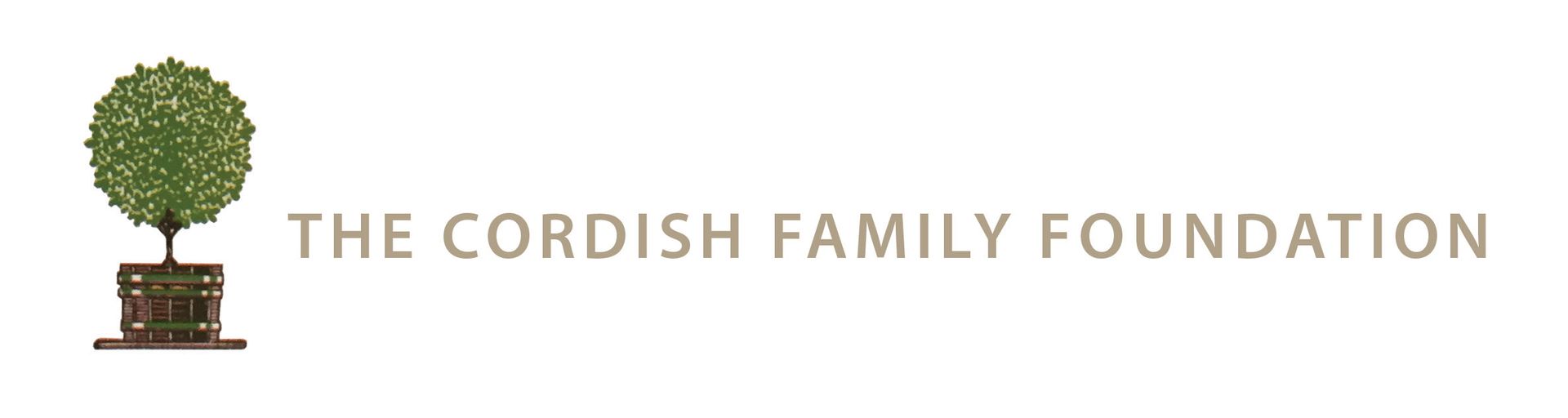 Logo for The Cordish Family Foundation featuring a potted topiary tree next to the organization's name in grey text.