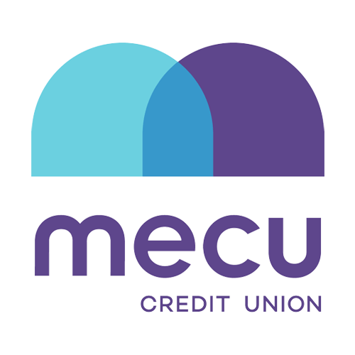 Logo for MECU Credit Union, featuring stylized light blue and purple arches over the text 
