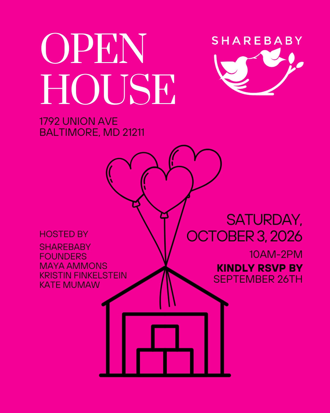 ShareBaby 2026 Open House Flyer with heart balloon graphics