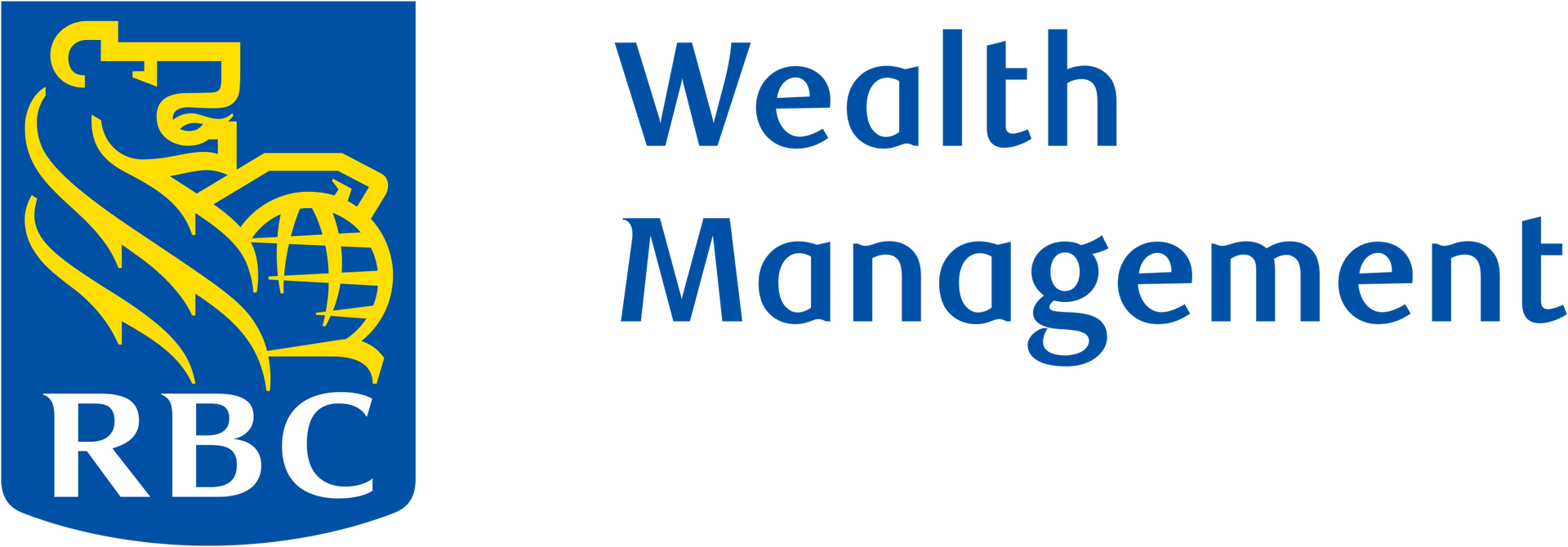 RBC Wealth Management logo featuring a blue shield with a gold lion and globe icon, alongside the text in blue.
