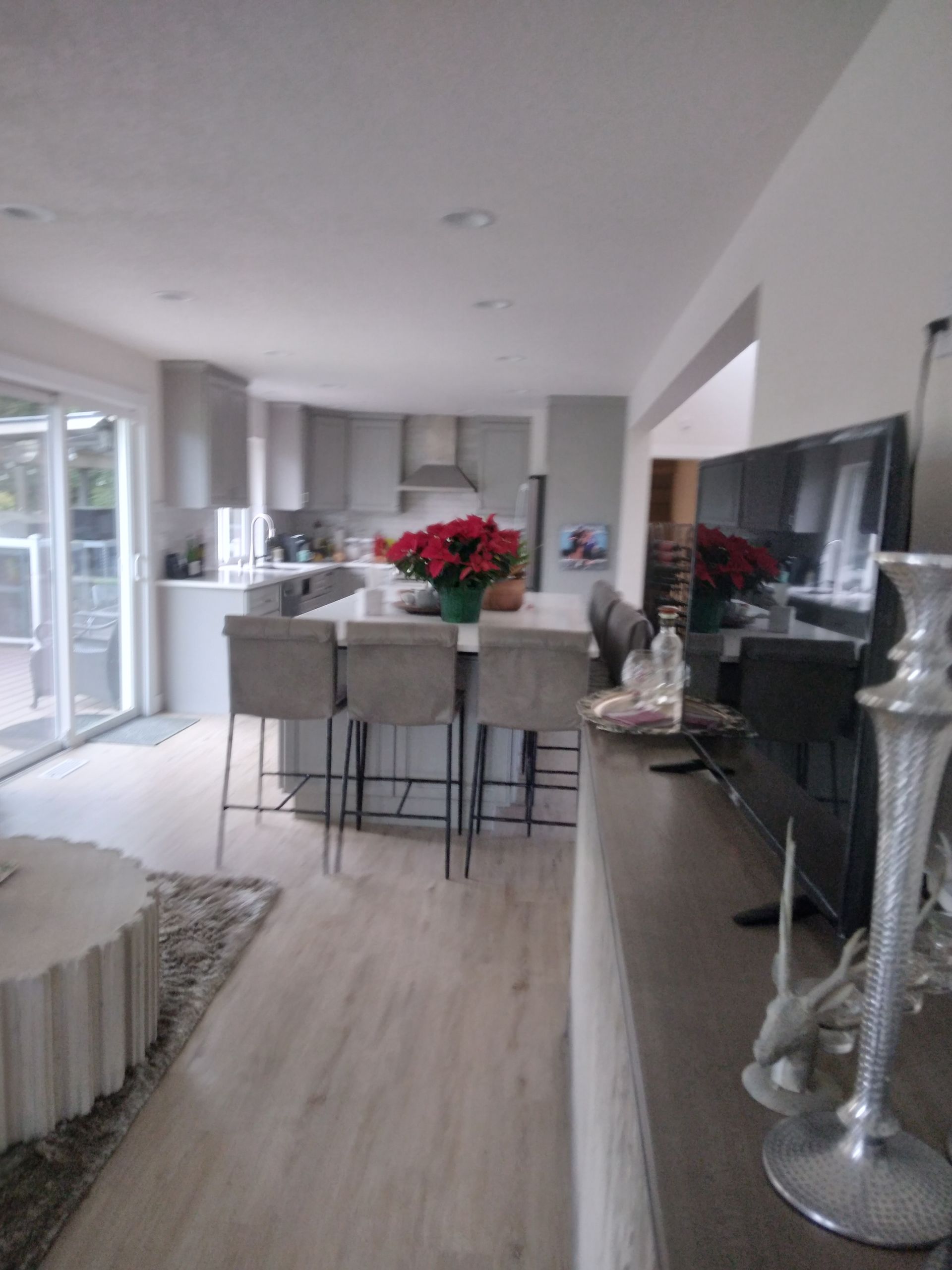 A living room with a kitchen and a television