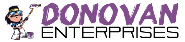The logo for donovan enterprises has a cartoon character on it