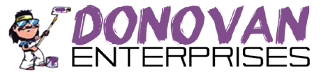 The logo for donovan enterprises has a cartoon character on it