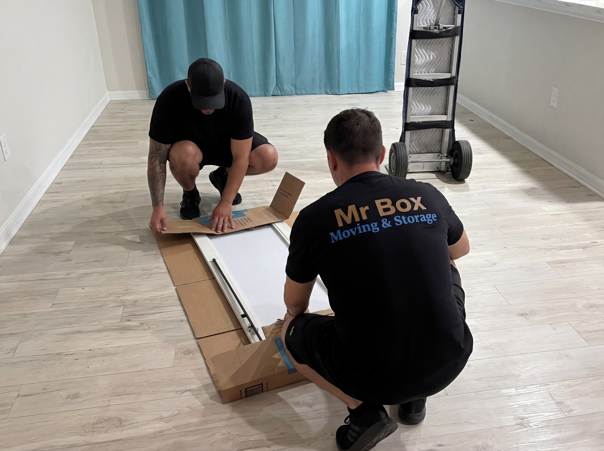 Two movers kneel on a floor, assembling a cardboard box in a room with blue curtains.