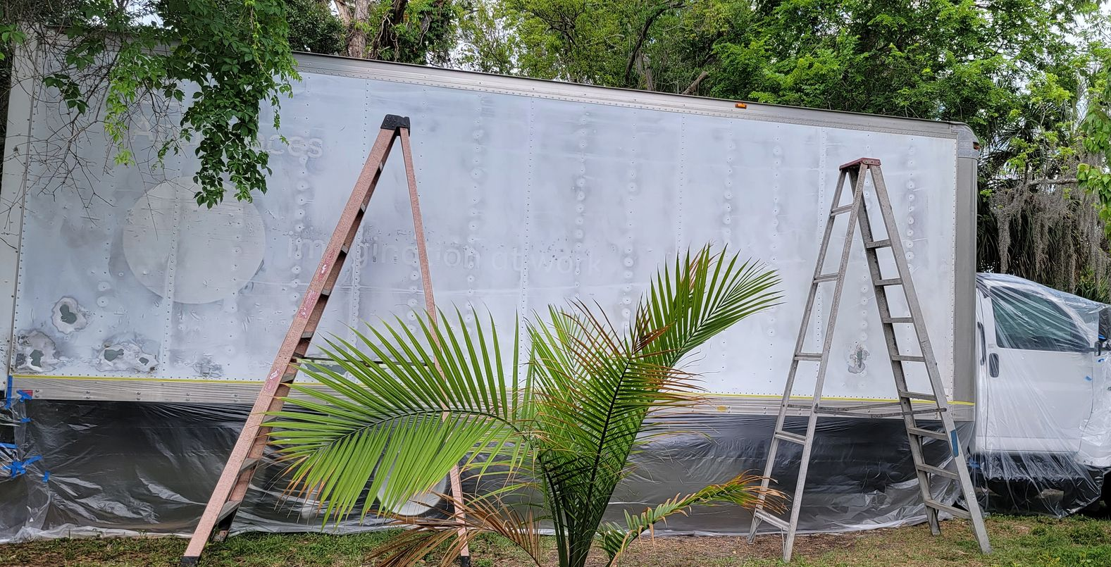 White box truck parked beside a wall, with two ladders and a palm frond in the foreground.
